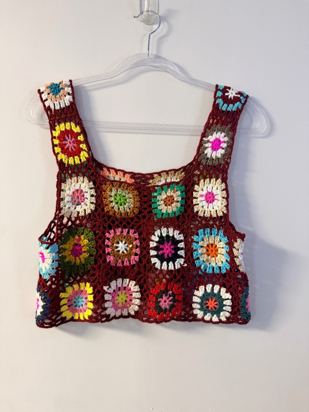 Multicolor Crochet Granny Square Crop Top - Burgundy Base